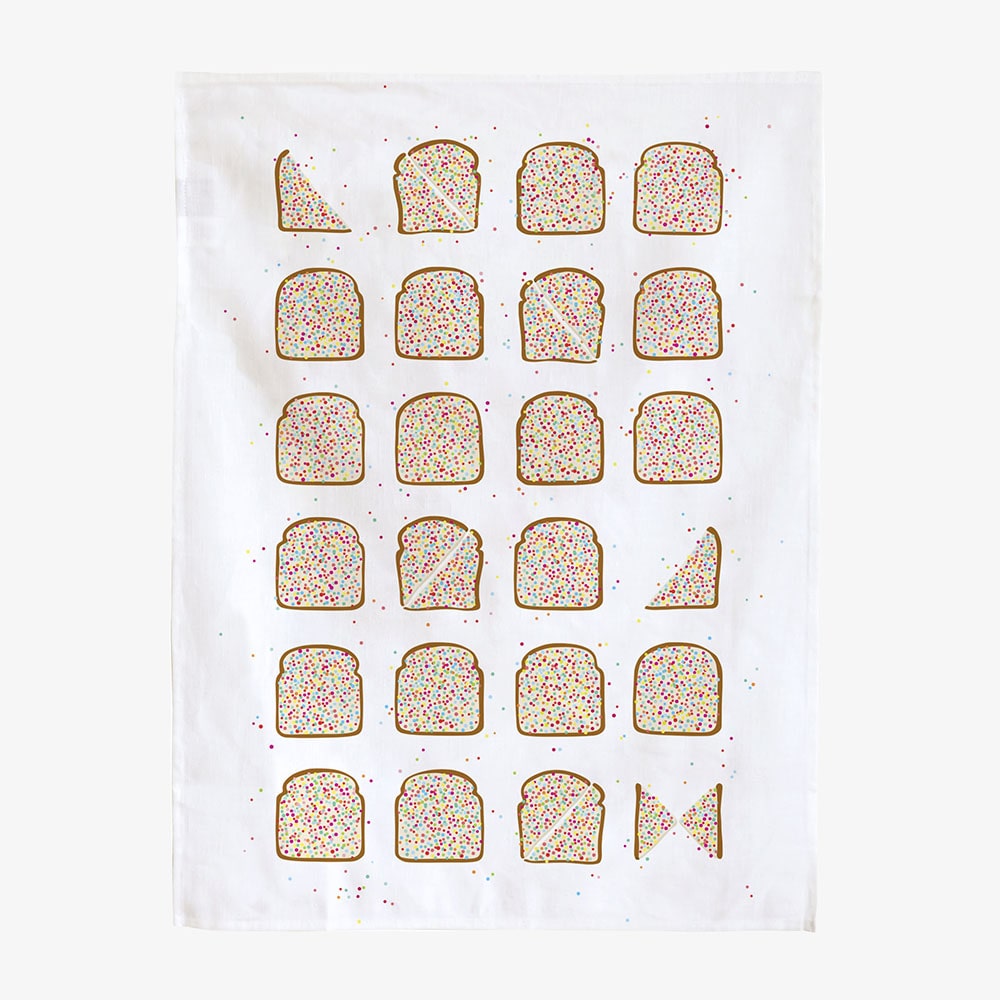 Make Me Iconic Fairy Bread Tea Towel celebrating Australian childhood nostalgia with a playful Aussie twist and rainbow sprinkles.