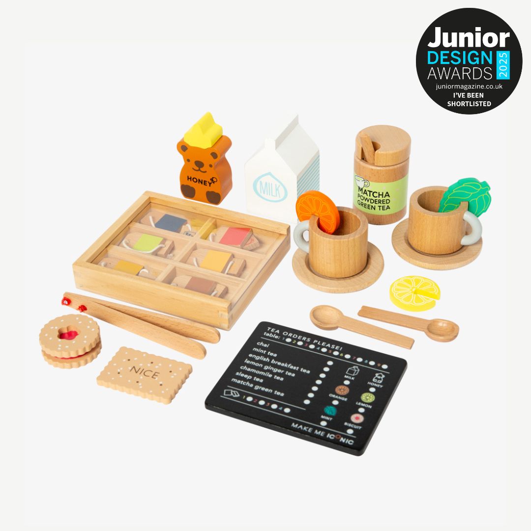 Make Me Iconic 27-piece wooden toy Tea Set Extension Set with tea cups, tea bags, tongs, cookies, and accessories. Ideal for pretend play and perfectly matched with our wooden toy Tea Set.