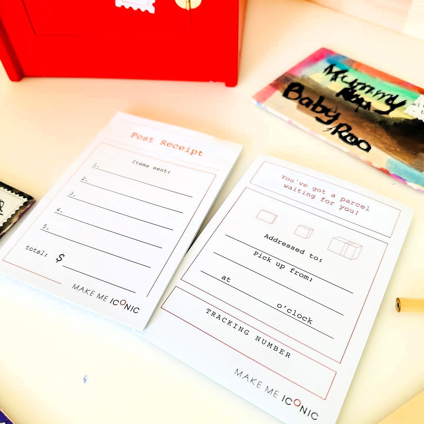 DIY Post Box Letters Craft Kit with colourful paper letters, stamps, and envelopes designed to pair with wooden toy Iconic Post Box for imaginative play.