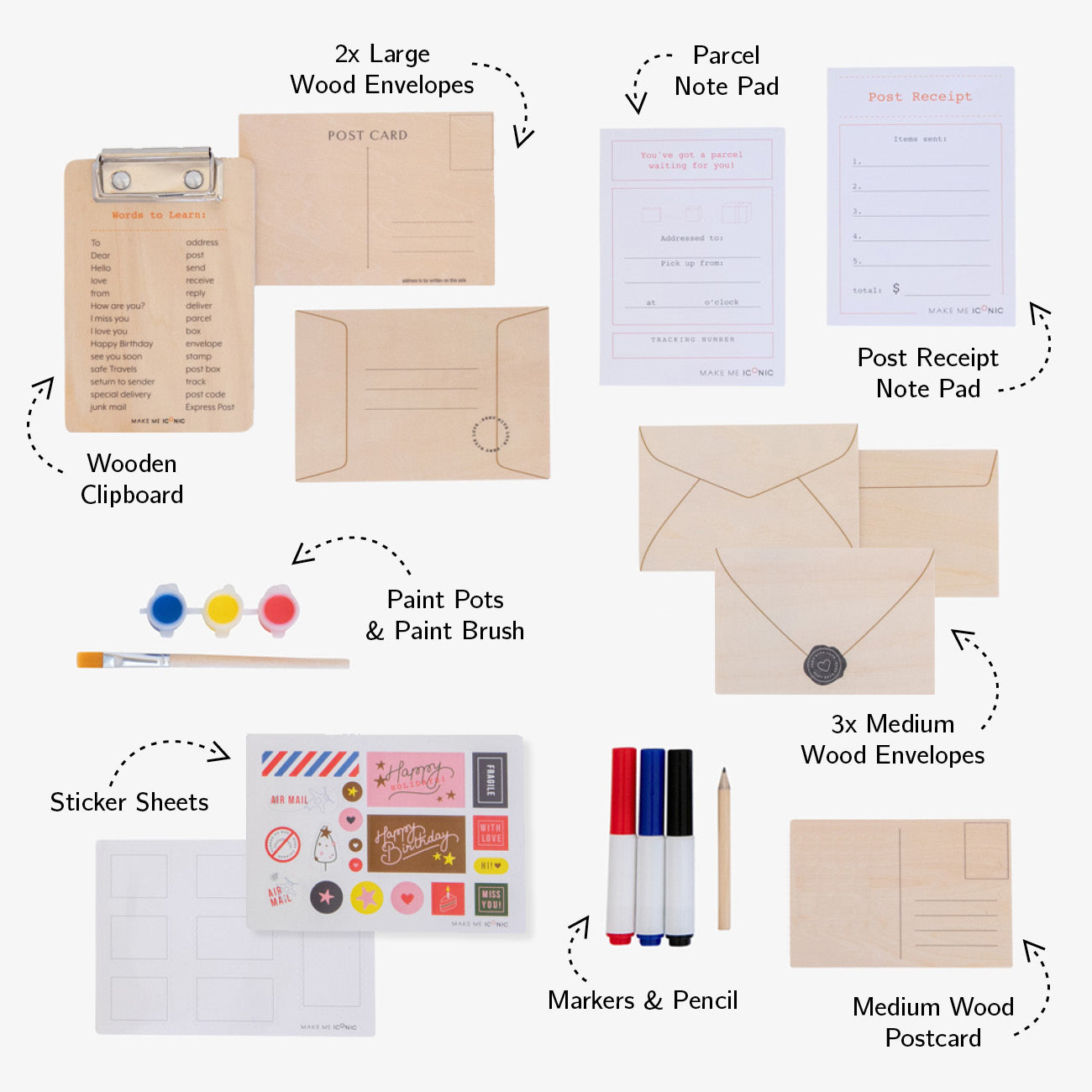 DIY Post Box Letters Craft Kit with colourful paper letters, stamps, and envelopes designed to pair with wooden toy Iconic Post Box for imaginative play.