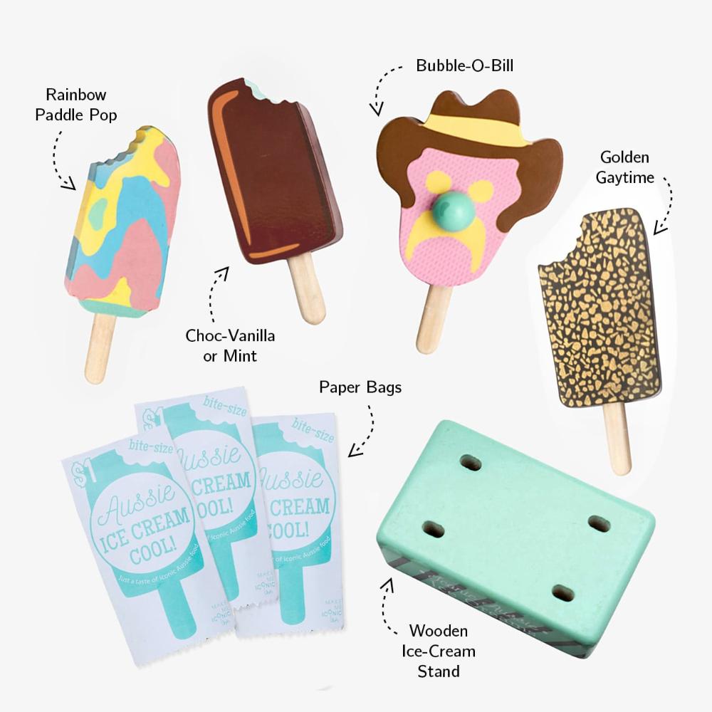 Wooden toy Australian ice cream set with Bubble O’ Bill, Golden Gaytime, Mint Choc Wedge, Rainbow Paddle Pop, wooden stand and paper bags for pretend play from Make Me Iconic.