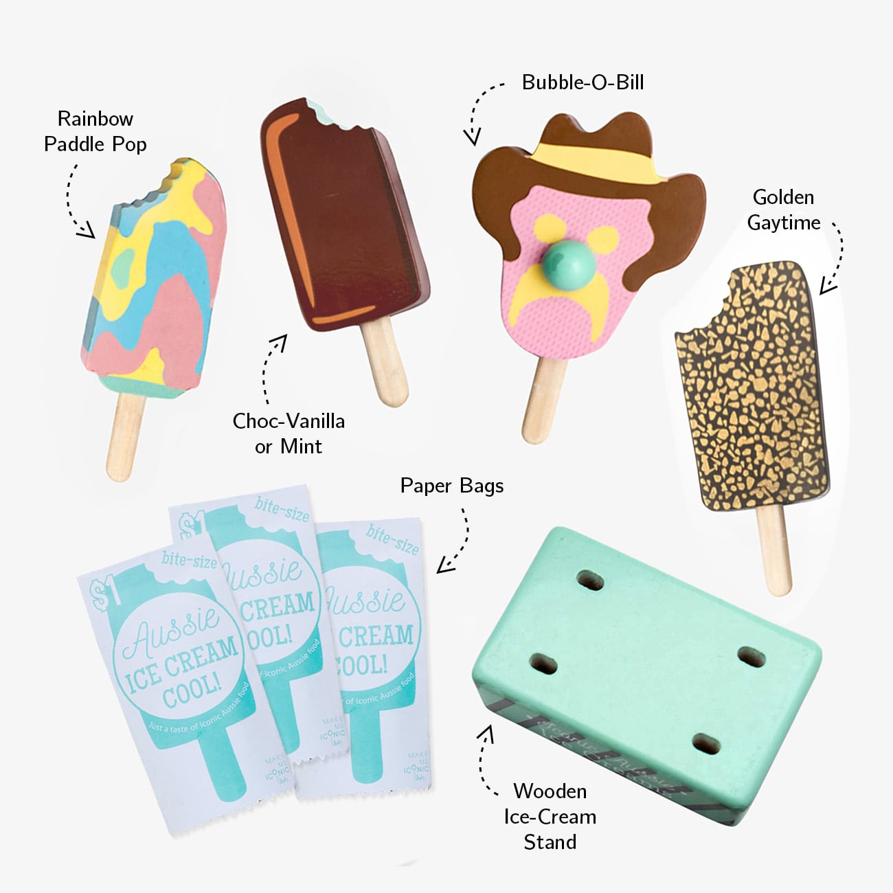 Wooden toy ice cream set with Bubble O’ Bill, Golden Gaytime, Mint Choc Wedge, Rainbow Paddle Pop, wooden stand and paper bags for pretend play.