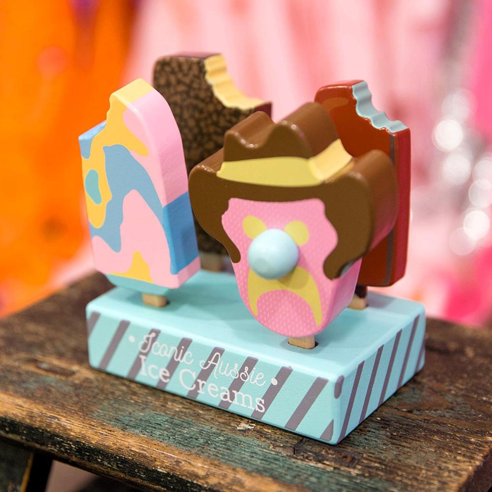 Wooden toy Australian ice cream set with Bubble O’ Bill, Golden Gaytime, Mint Choc Wedge, Rainbow Paddle Pop, wooden stand and paper bags for pretend play from Make Me Iconic.