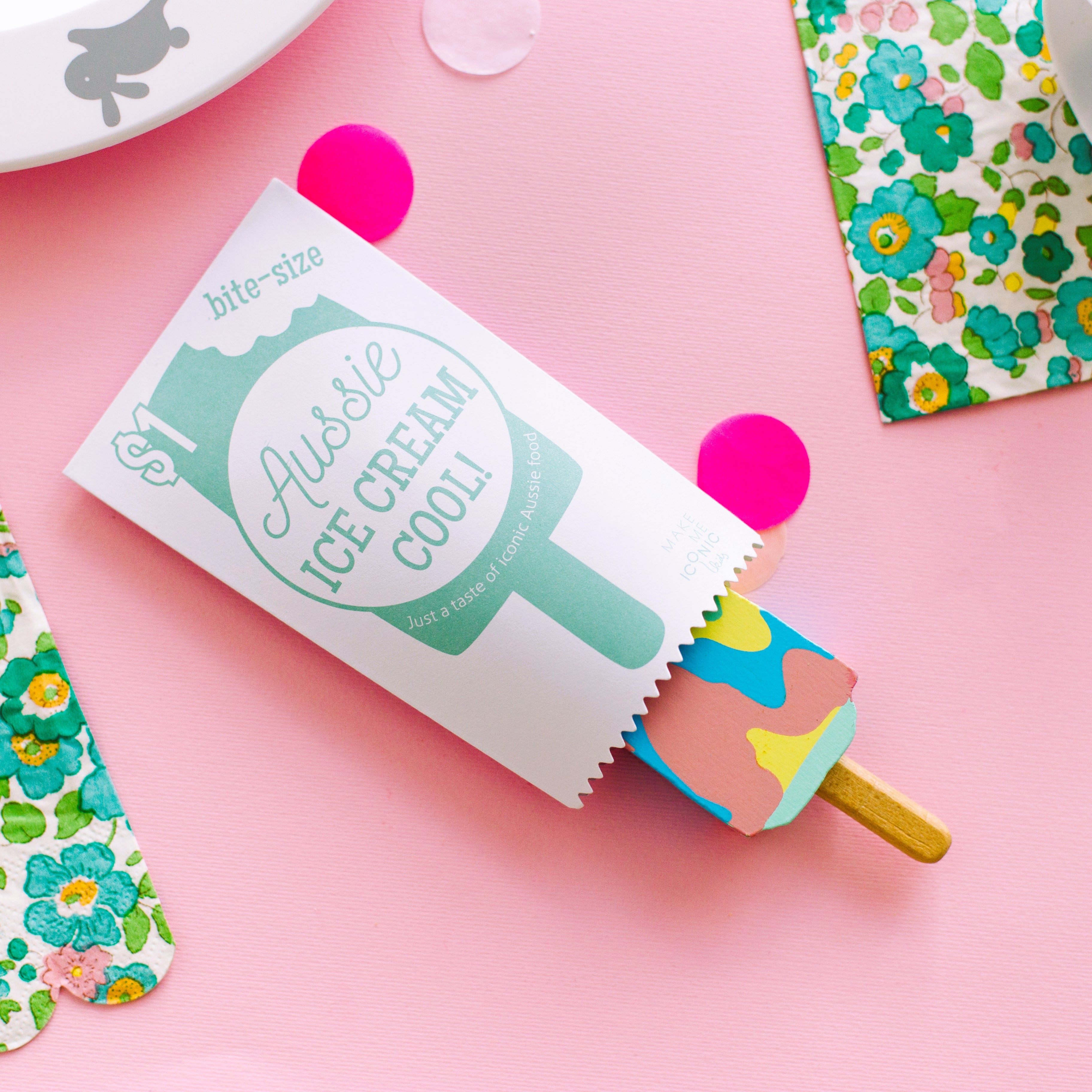 Wooden toy ice cream set with Bubble O’ Bill, Golden Gaytime, Mint Choc Wedge, Rainbow Paddle Pop, wooden stand and paper bags for pretend play.