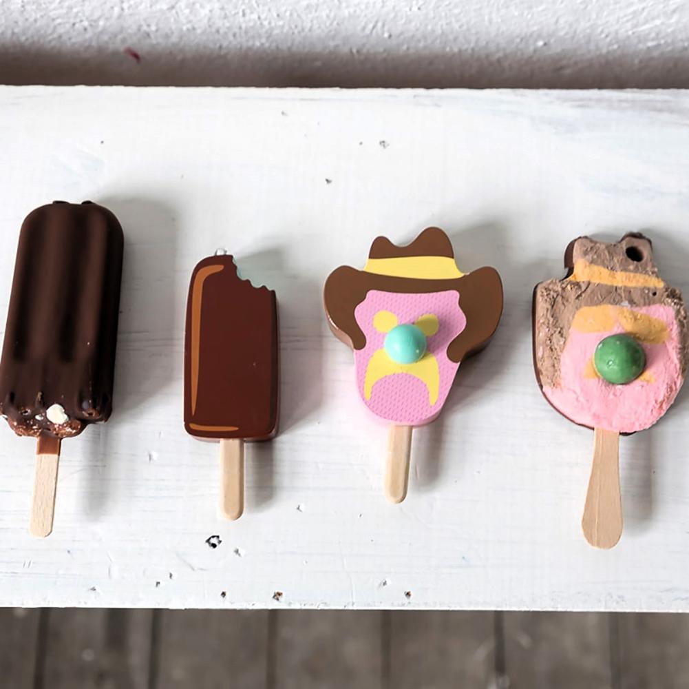 Wooden toy Australian ice cream set with Bubble O’ Bill, Golden Gaytime, Mint Choc Wedge, Rainbow Paddle Pop, wooden stand and paper bags for pretend play from Make Me Iconic.