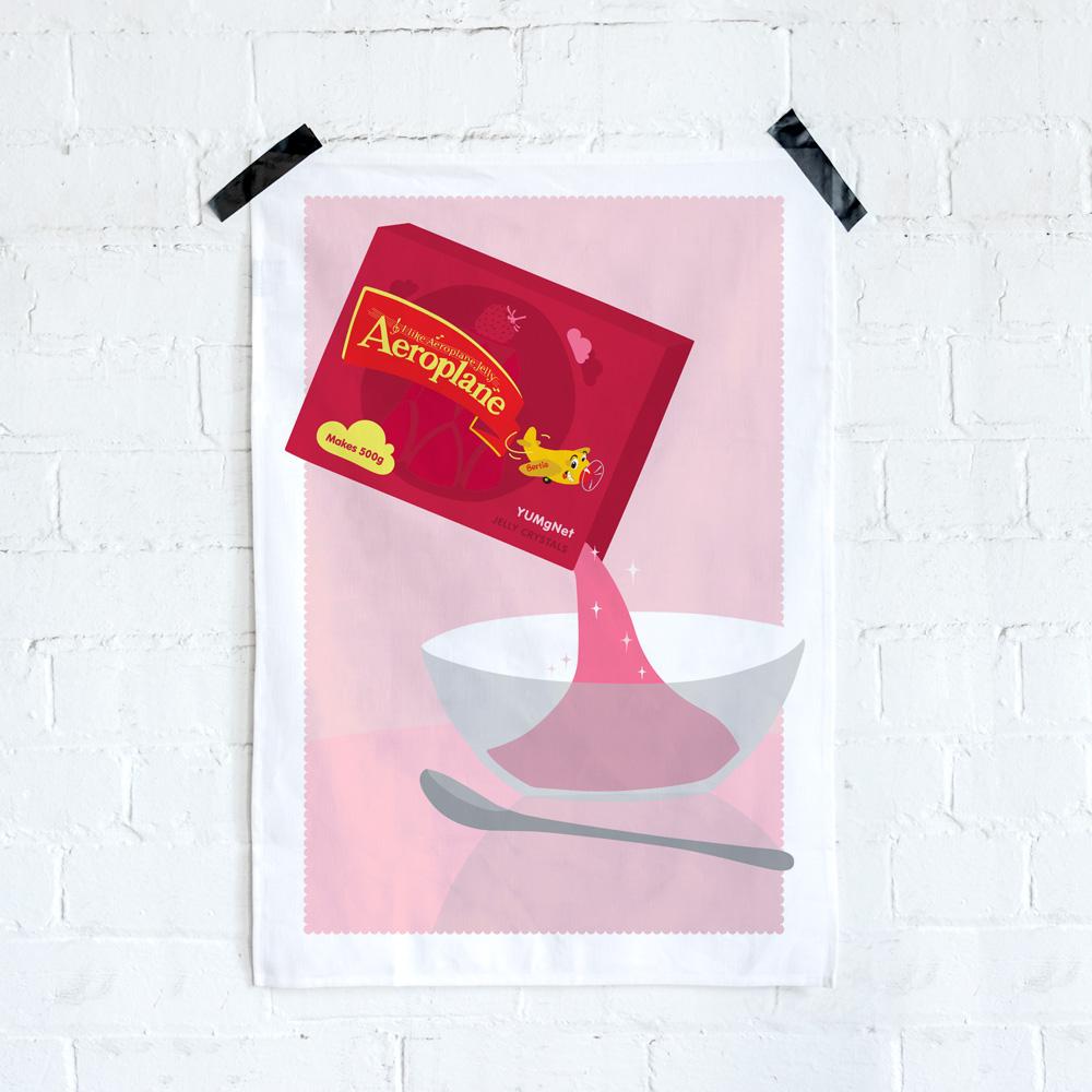 100% cotton Aeroplane Jelly tea towel featuring nostalgic Australian design, perfect for kitchen use, unique gifts, and iconic Aussie souvenirs.