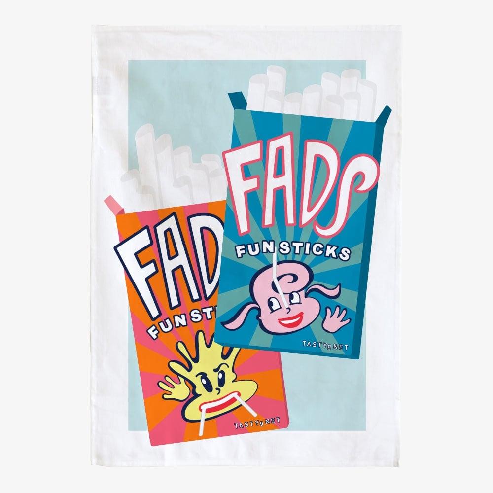 Retro Fads Fun Sticks tea towel made from 100% cotton, featuring nostalgic Australian candy design, perfect for gifting, kitchen décor, and Aussie souvenirs.