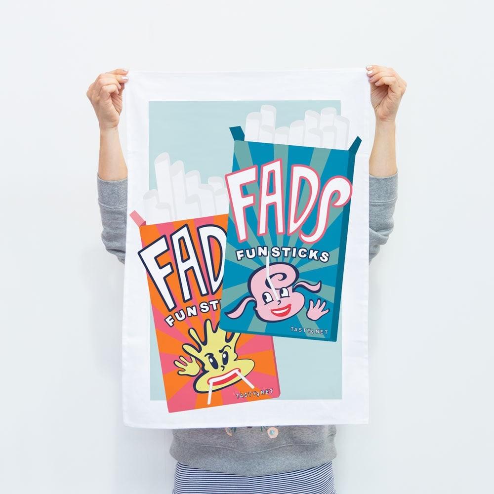 Retro Fads Fun Sticks tea towel made from 100% cotton, featuring nostalgic Australian candy design, perfect for gifting, kitchen décor, and Aussie souvenirs.