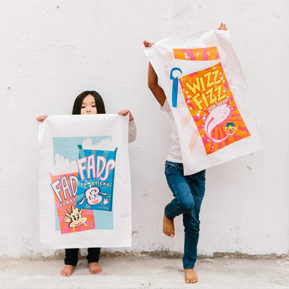 Wizz Fizz tea towel made from 100% cotton featuring nostalgic Australian sherbet design, perfect for kitchen décor, gifts, and Aussie souvenirs.