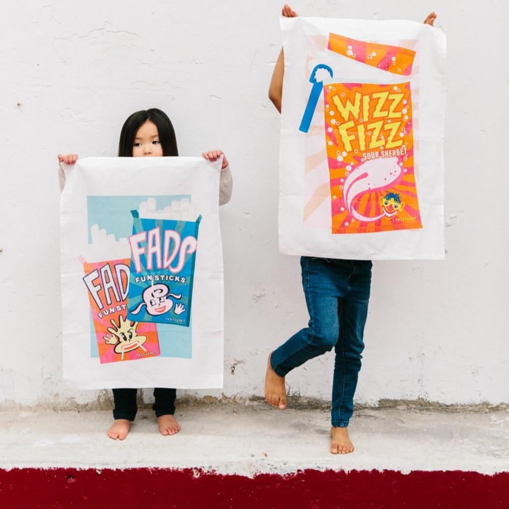 Wizz Fizz tea towel made from 100% cotton featuring nostalgic Australian sherbet design, perfect for kitchen décor, gifts, and Aussie souvenirs.