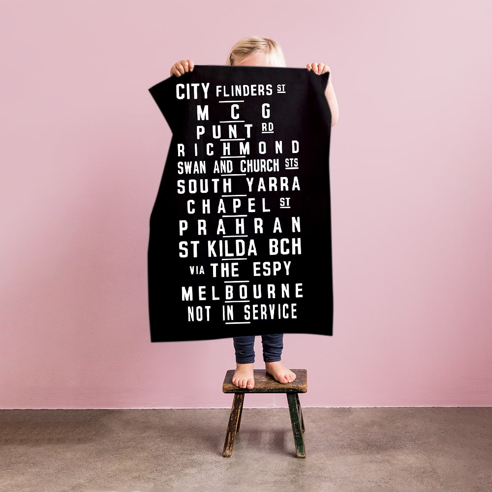 Make Me Iconic Melbourne W-Class Tram Tea Towel featuring vintage destination blind banner, iconic Australian transport design with 120+ years of history.