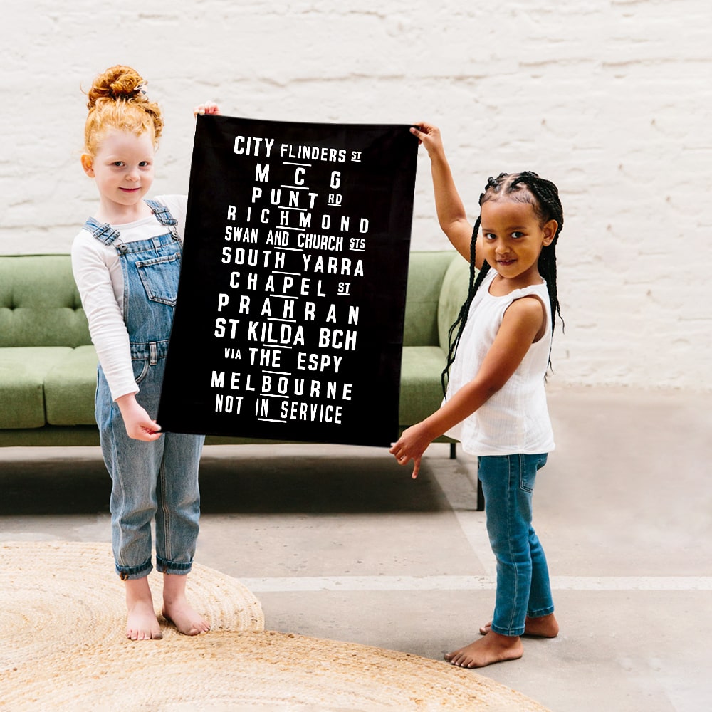 Make Me Iconic Melbourne W-Class Tram Tea Towel featuring vintage destination blind banner, iconic Australian transport design with 120+ years of history.