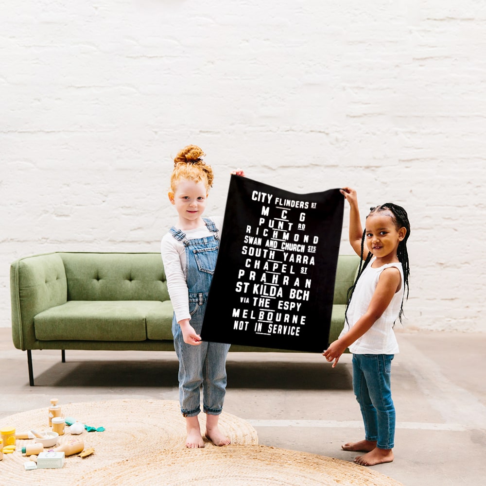 Make Me Iconic Melbourne W-Class Tram Tea Towel featuring vintage destination blind banner, iconic Australian transport design with 120+ years of history.