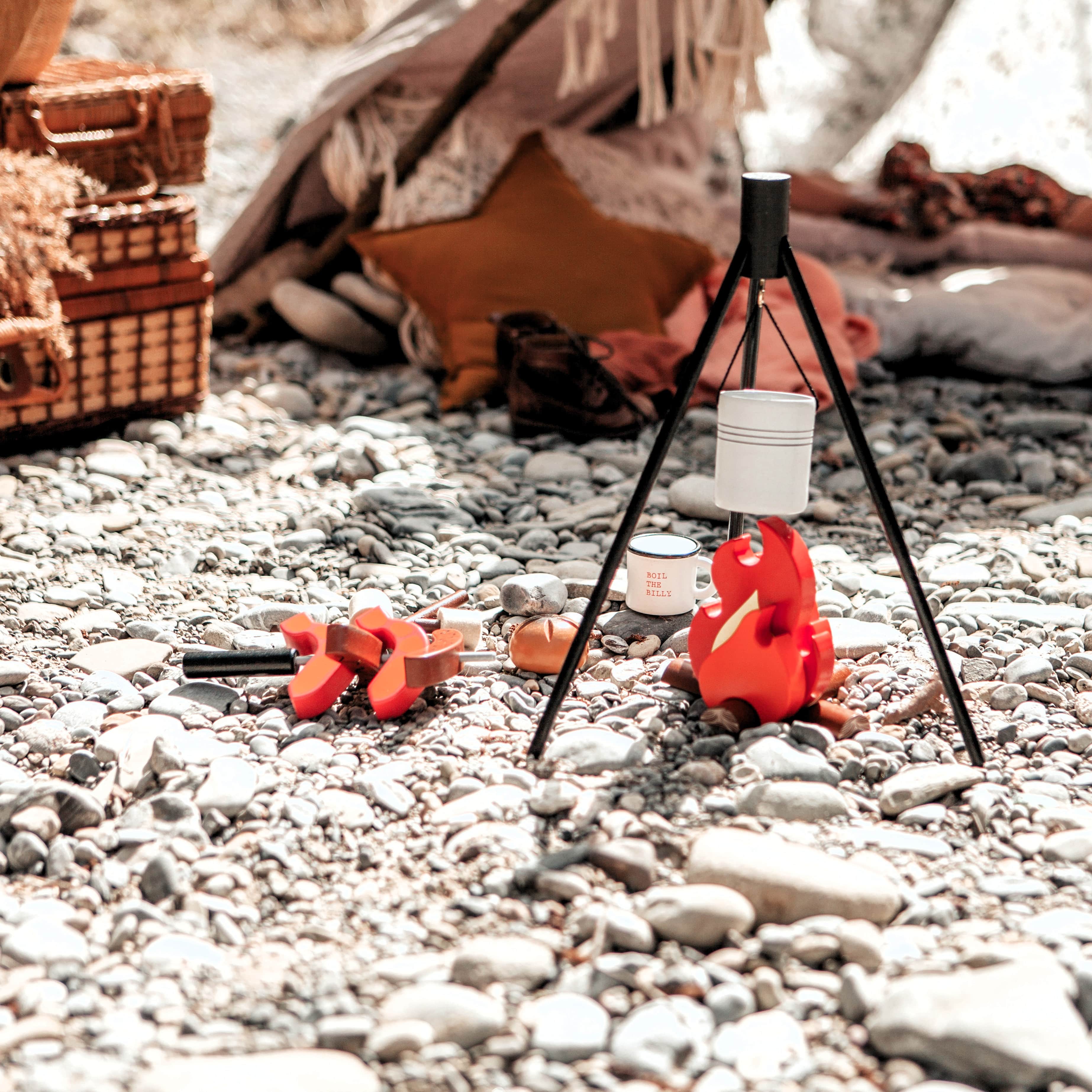 Wooden Camp Fire toy set for kids with tripod, billy can, sausages, prawns, logs, and marshmallows designed for imaginative indoor camping and pretend play