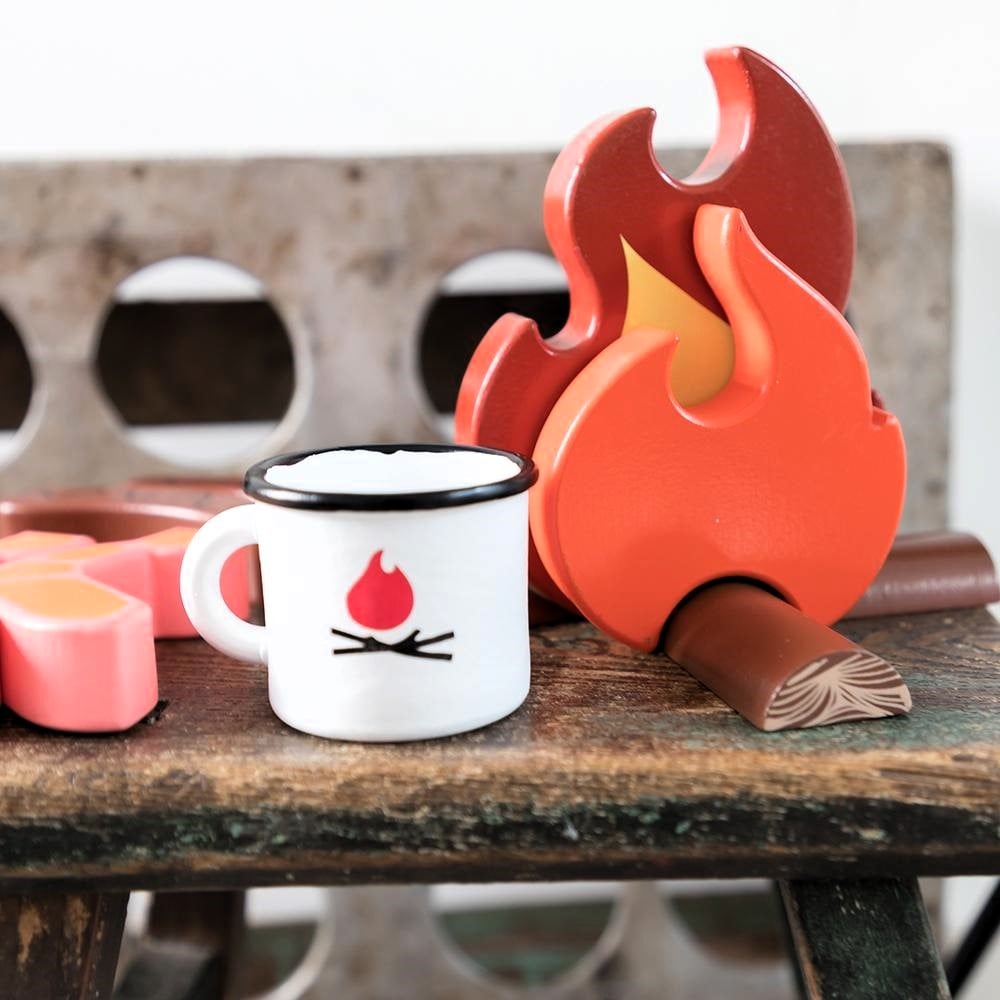 Wooden Camp Fire toy set for kids with tripod, billy can, sausages, prawns, logs, and marshmallows designed for imaginative indoor camping and pretend play