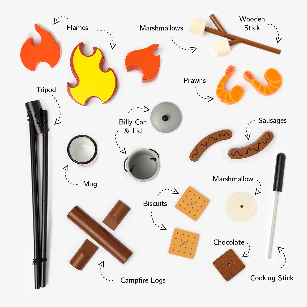 Wooden Camp Fire toy set for kids with tripod, billy can, sausages, prawns, logs, and marshmallows designed for imaginative indoor camping and pretend play