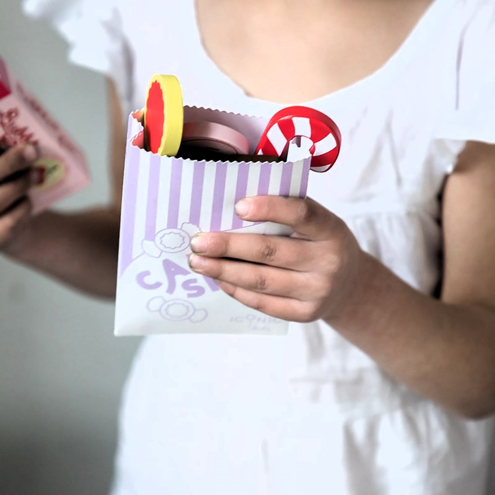 Wooden candy jar toy set for kids featuring hand-painted lollies, candy canes and wrapped sweets in an acrylic jar designed for imaginative pretend play.