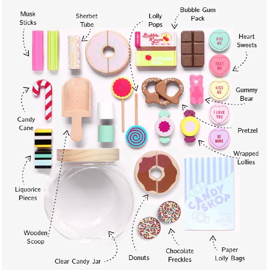 Wooden candy jar toy set for kids featuring hand-painted lollies, candy canes and wrapped sweets in an acrylic jar designed for imaginative pretend play.