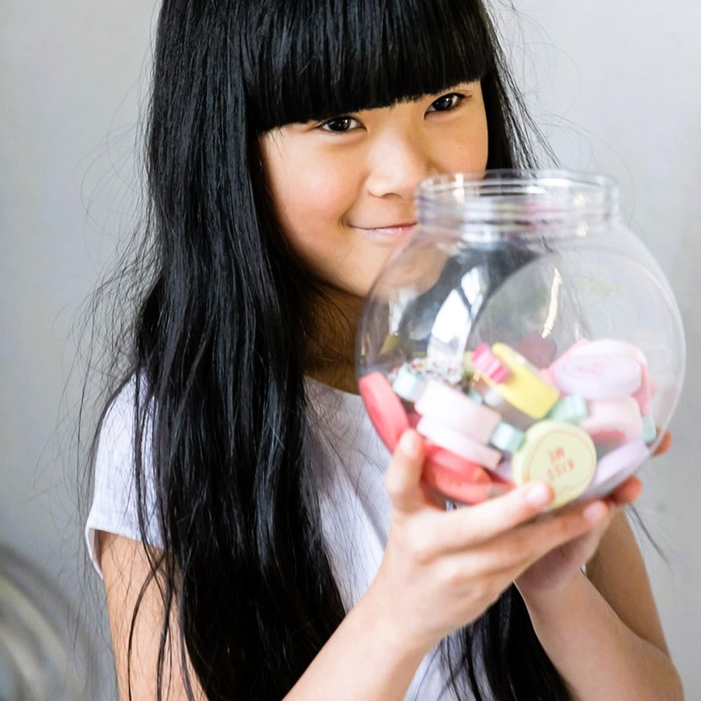 Wooden candy jar toy set for kids featuring hand-painted lollies, candy canes and wrapped sweets in an acrylic jar designed for imaginative pretend play.
