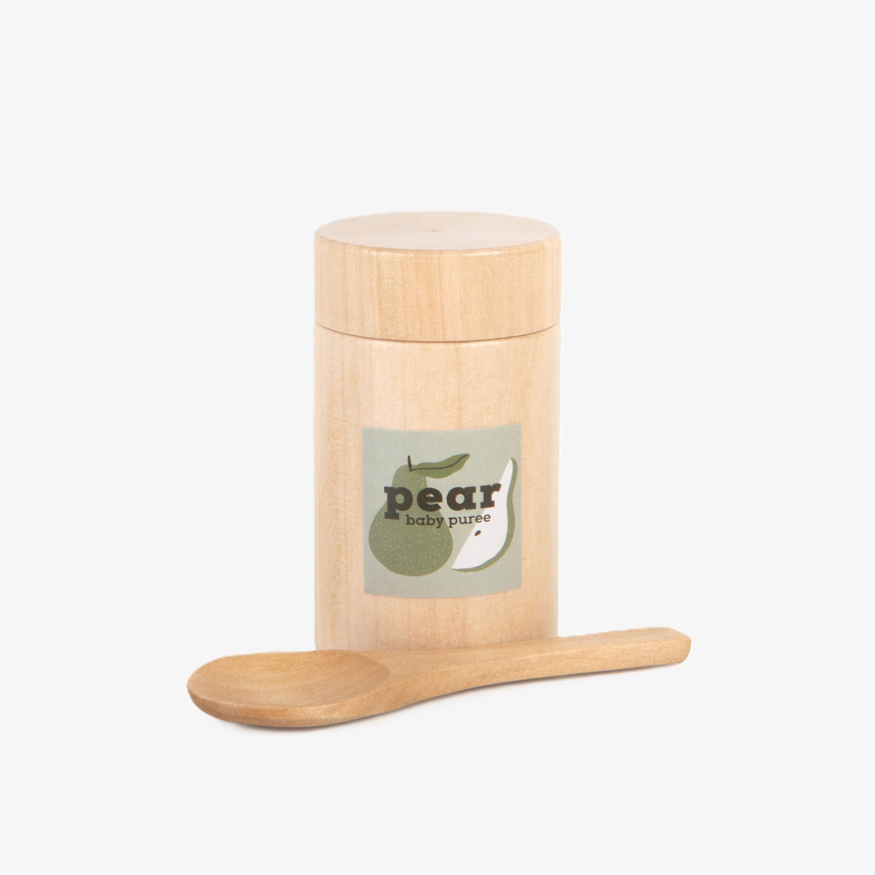 Make Me Iconic 3-piece wooden toy jar set with jar, removable lid, and wooden spoon is perfect for pretend play, scooping fun, and imaginative role play.