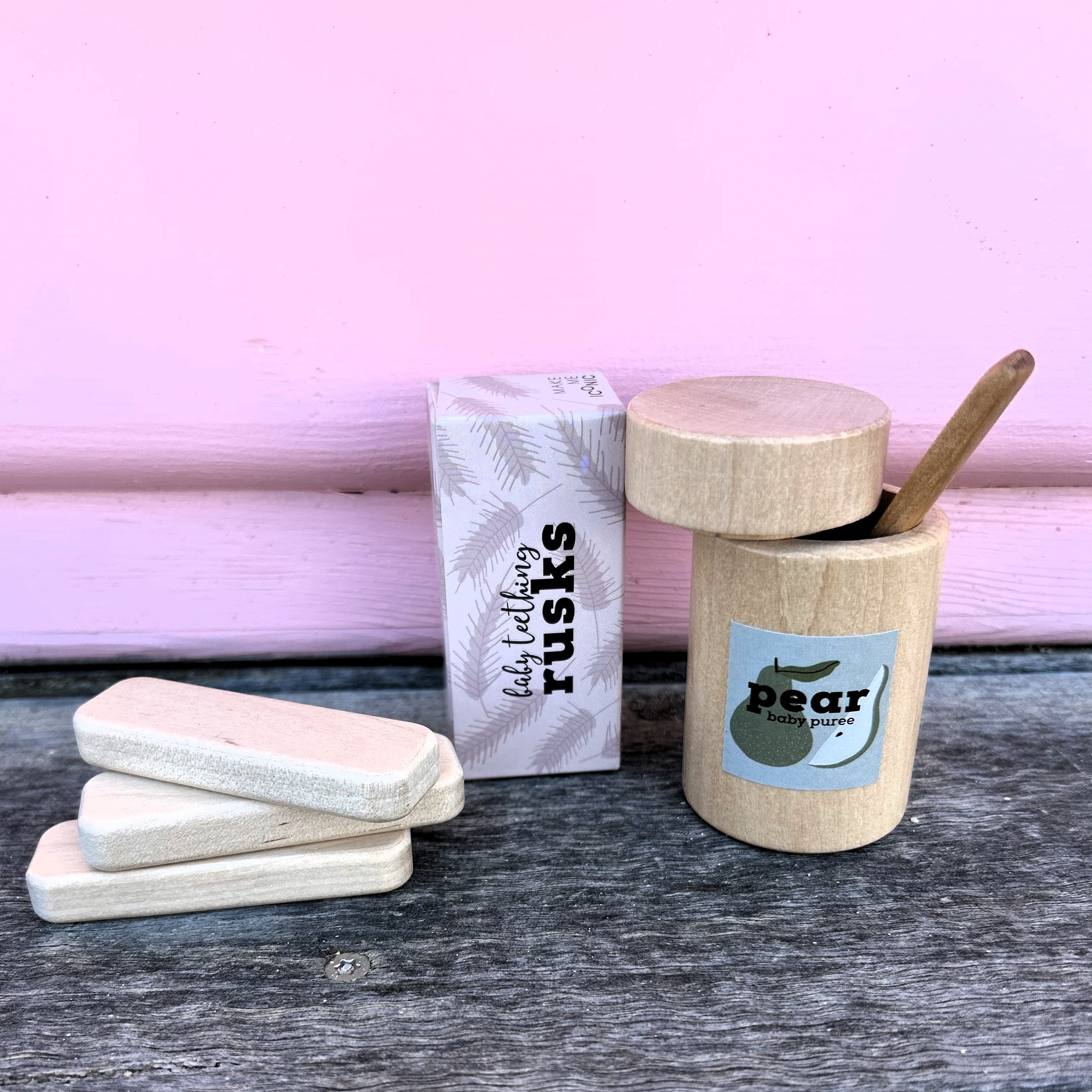 Make Me Iconic 3-piece wooden toy jar set with jar, removable lid, and wooden spoon is perfect for pretend play, scooping fun, and imaginative role play.