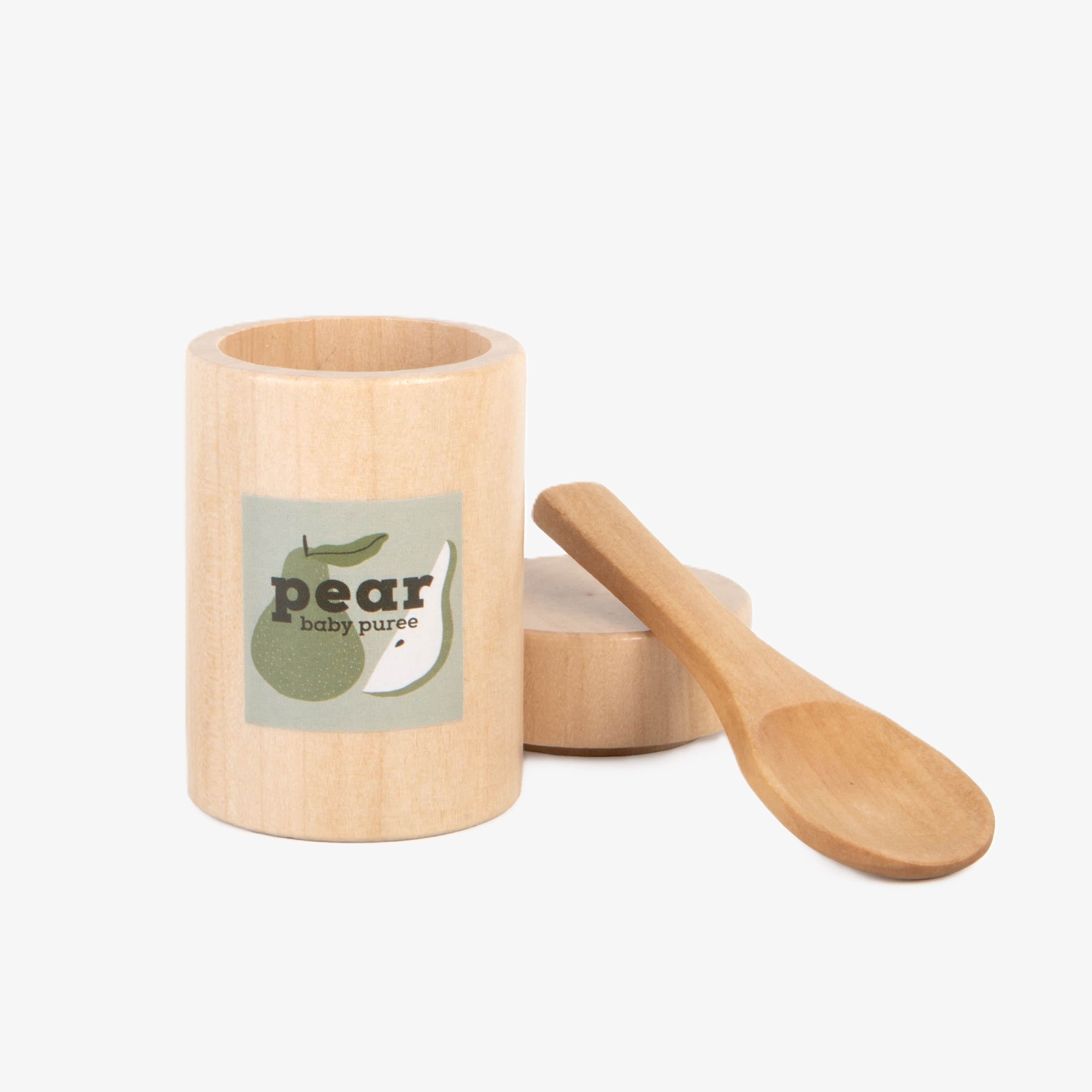 Make Me Iconic 3-piece wooden toy jar set with jar, removable lid, and wooden spoon is perfect for pretend play, scooping fun, and imaginative role play.