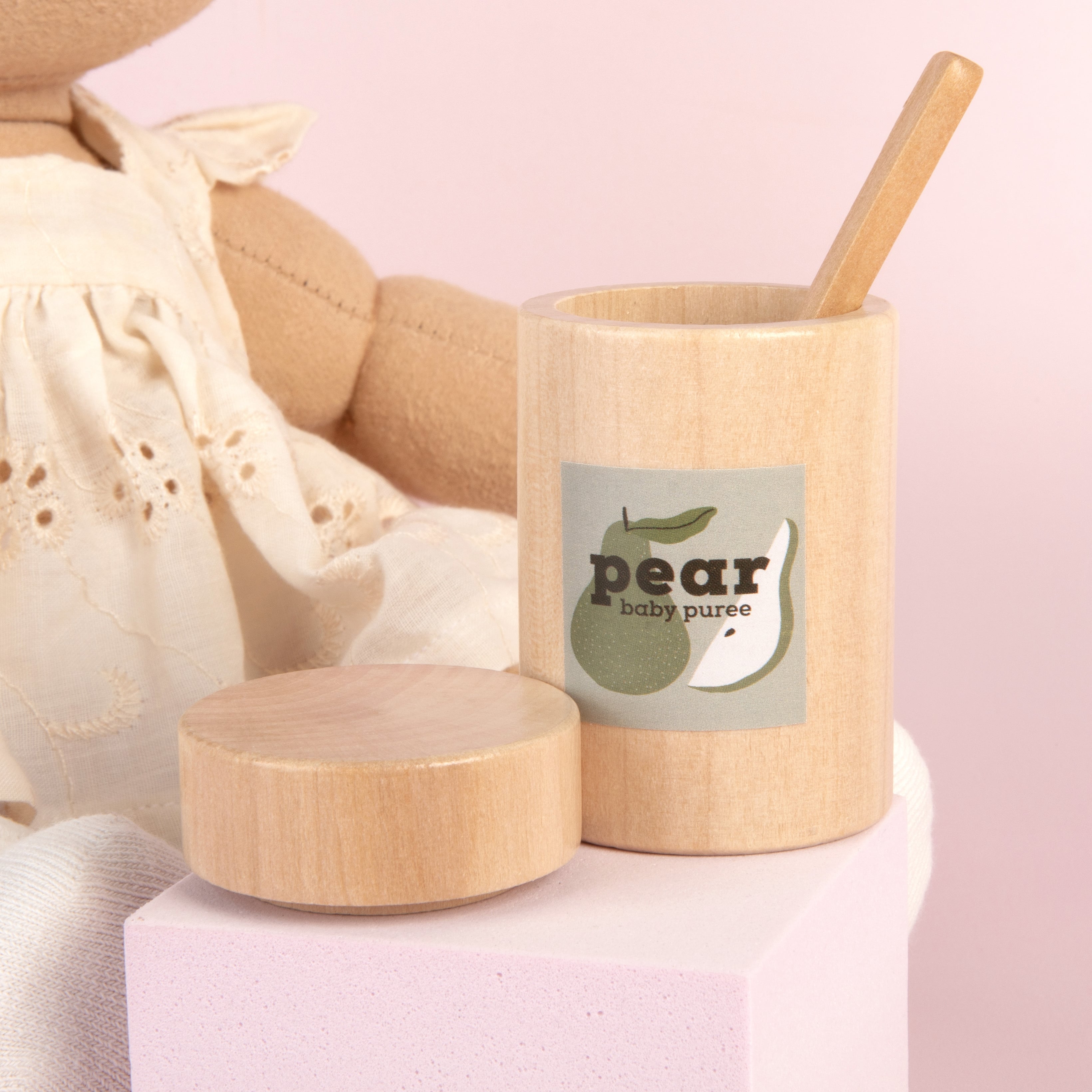 Make Me Iconic 3-piece wooden toy jar set with jar, removable lid, and wooden spoon is perfect for pretend play, scooping fun, and imaginative role play.