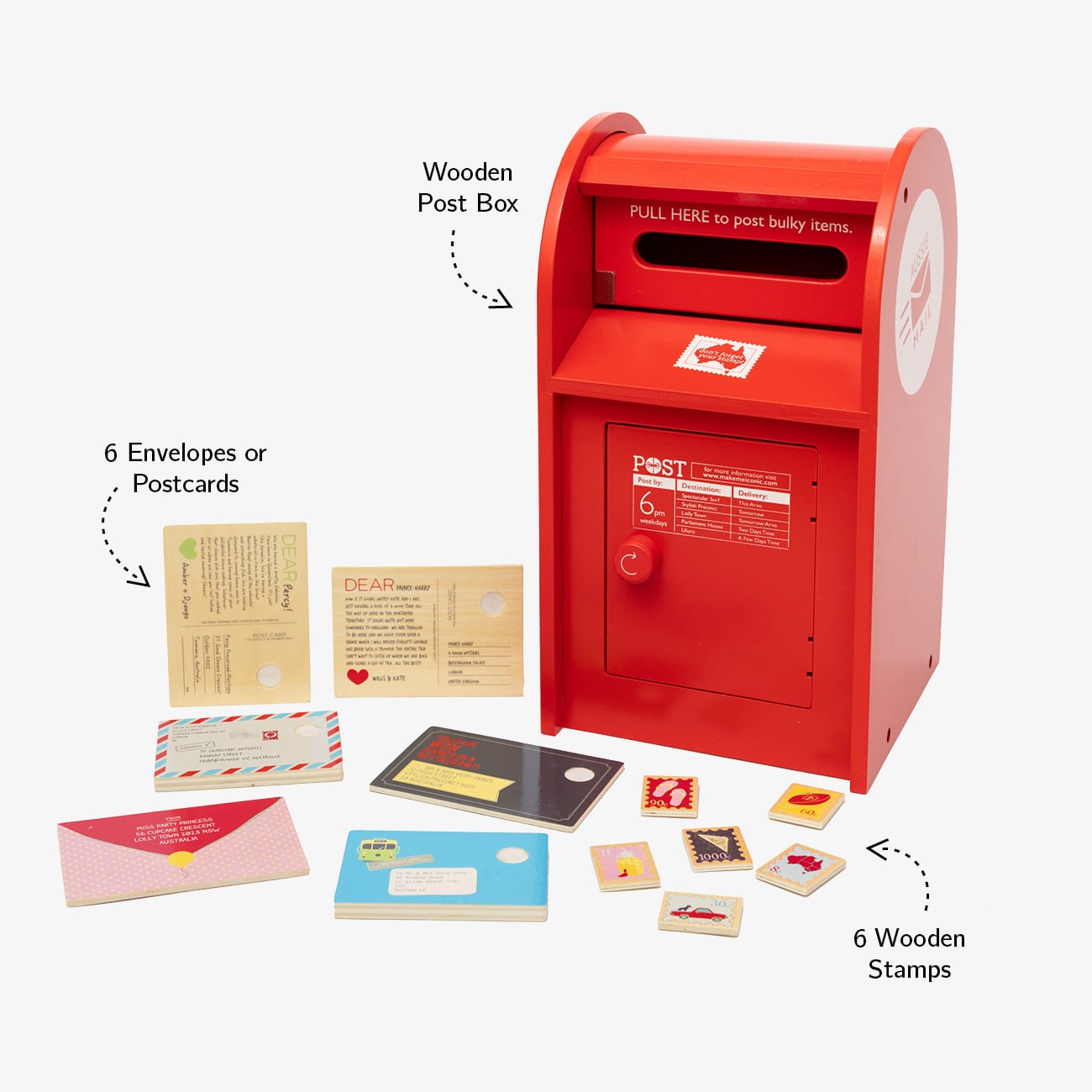 Wooden Australian post box toy with working mail slot, 6 wooden letters, and 6 Velcro stamps perfect for imaginative pretend play and storytelling.
