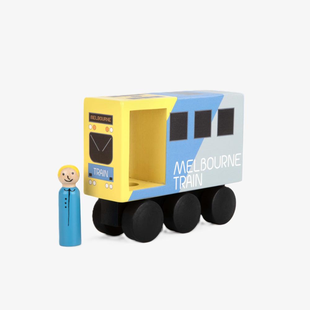 Wooden Melbourne train toy for kids, inspired by real Aussie commuter trains, perfect Australian gift for pretend play, learning, and imaginative adventures.