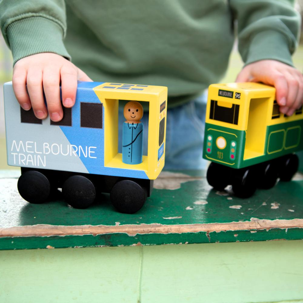 Wooden Melbourne train toy for kids, inspired by real Aussie commuter trains, perfect Australian gift for pretend play, learning, and imaginative adventures.