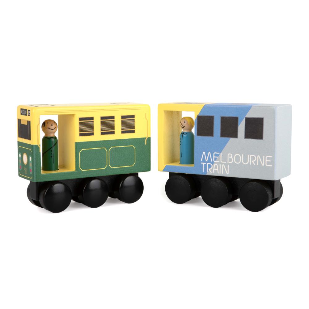 Wooden Melbourne train toy for kids, inspired by real Aussie commuter trains, perfect Australian gift for pretend play, learning, and imaginative adventures.