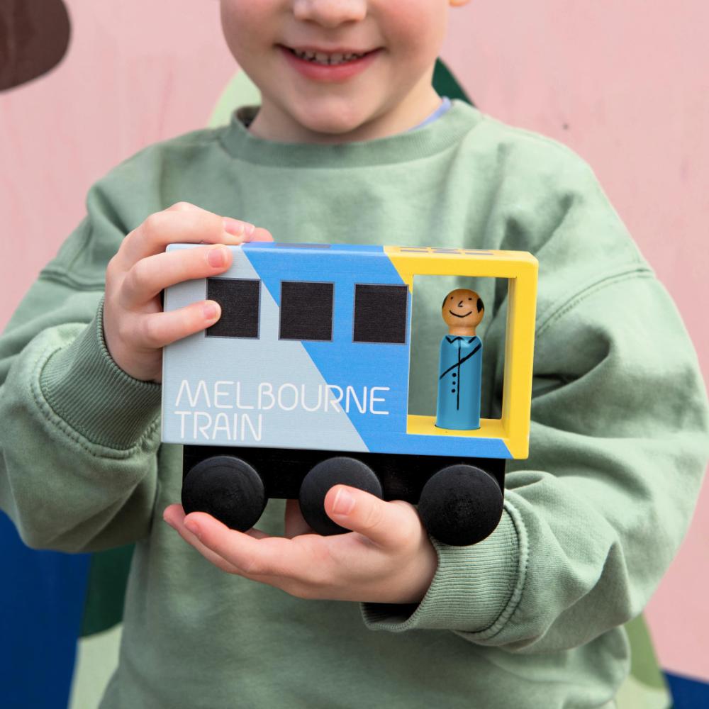 Wooden Melbourne train toy for kids, inspired by real Aussie commuter trains, perfect Australian gift for pretend play, learning, and imaginative adventures.