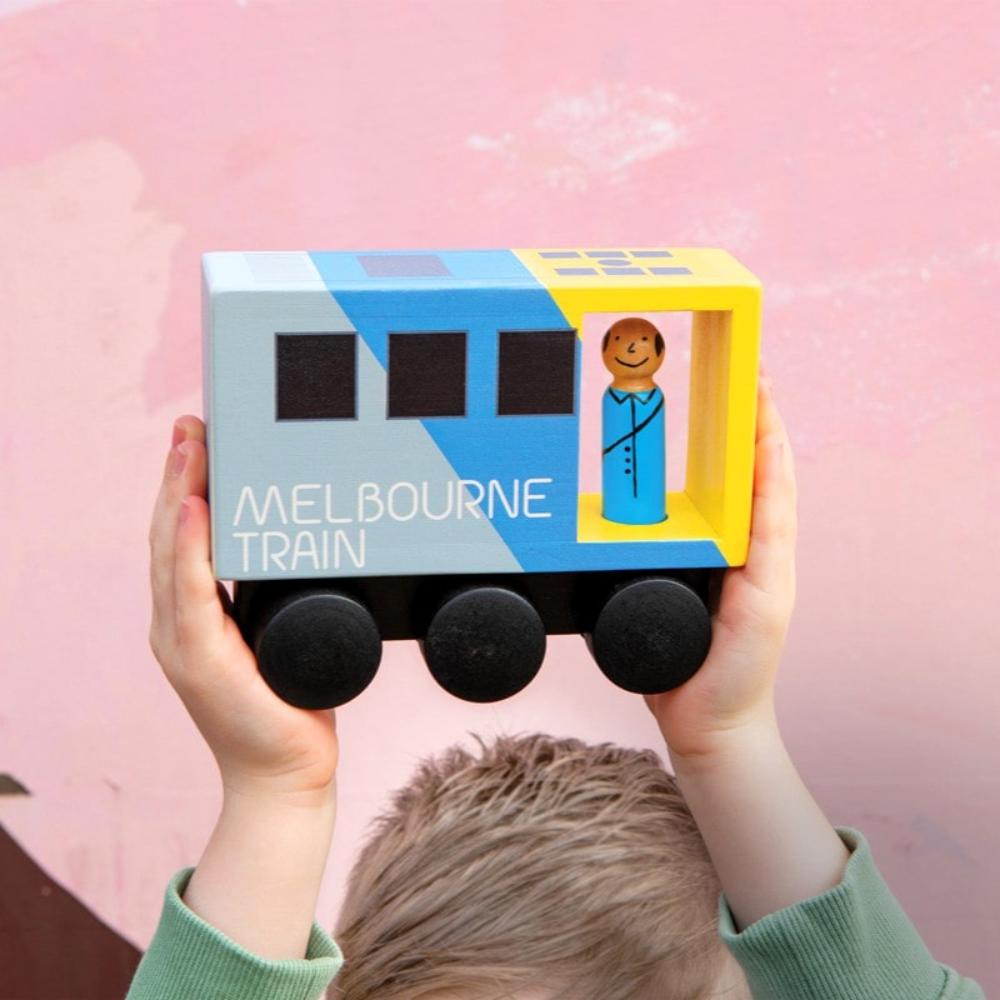 Wooden Melbourne train toy for kids, inspired by real Aussie commuter trains, perfect Australian gift for pretend play, learning, and imaginative adventures.