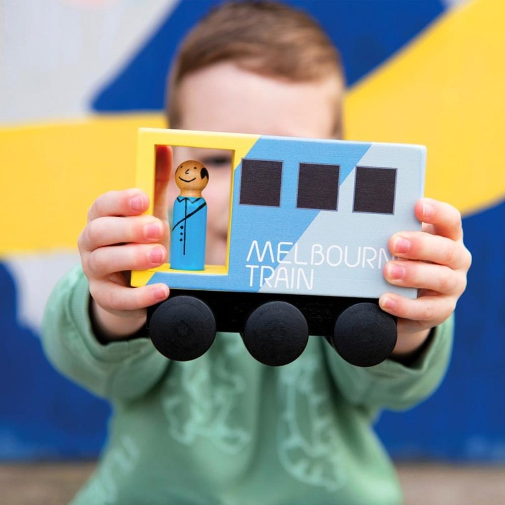 Wooden Melbourne train toy for kids, inspired by real Aussie commuter trains, perfect Australian gift for pretend play, learning, and imaginative adventures.