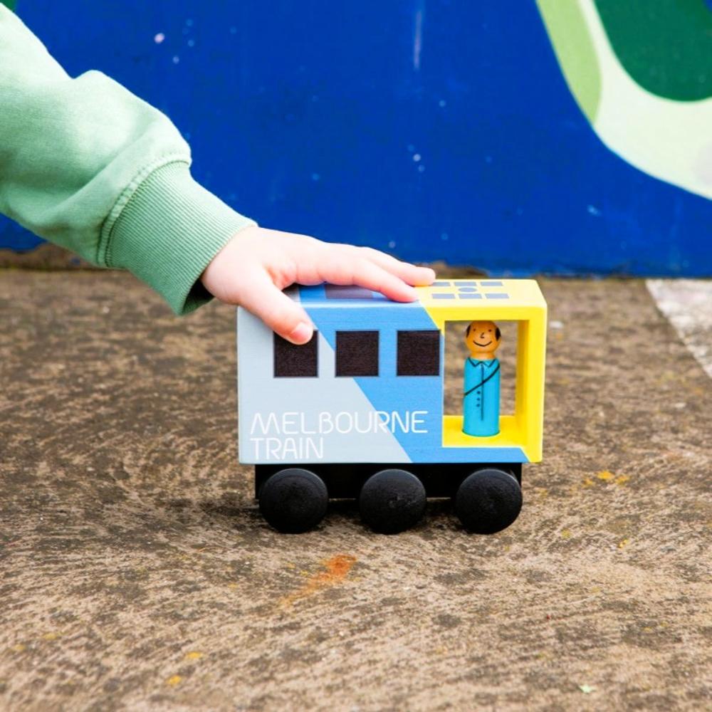 Wooden Melbourne train toy for kids, inspired by real Aussie commuter trains, perfect Australian gift for pretend play, learning, and imaginative adventures.
