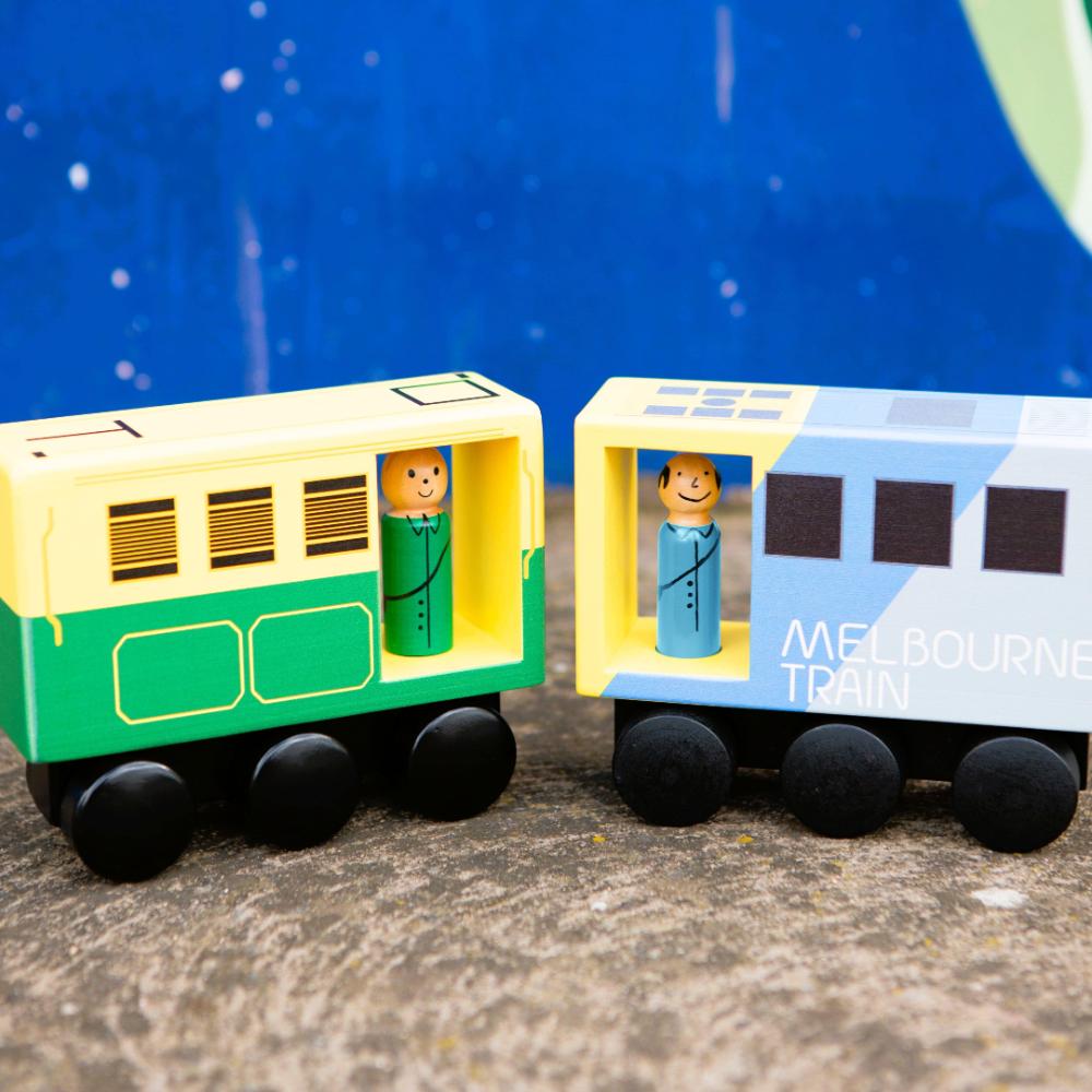 Wooden Melbourne train toy for kids, inspired by real Aussie commuter trains, perfect Australian gift for pretend play, learning, and imaginative adventures.