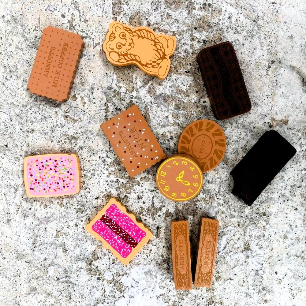 Make Me Iconic Australian Arnott’s Bickies wooden toy set, 11-piece pretend play biscuit collection for kids and toy kitchens.