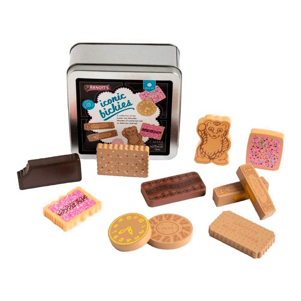 Make Me Iconic Australian Arnott’s Bickies wooden toy set, 11-piece pretend play biscuit collection for kids and toy kitchens.