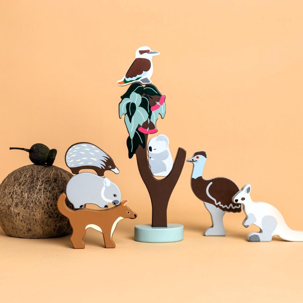 Make Me Iconic Australian animals wooden toy set for kids, 10-piece set for pretend play and early learning through nature-based role play.
