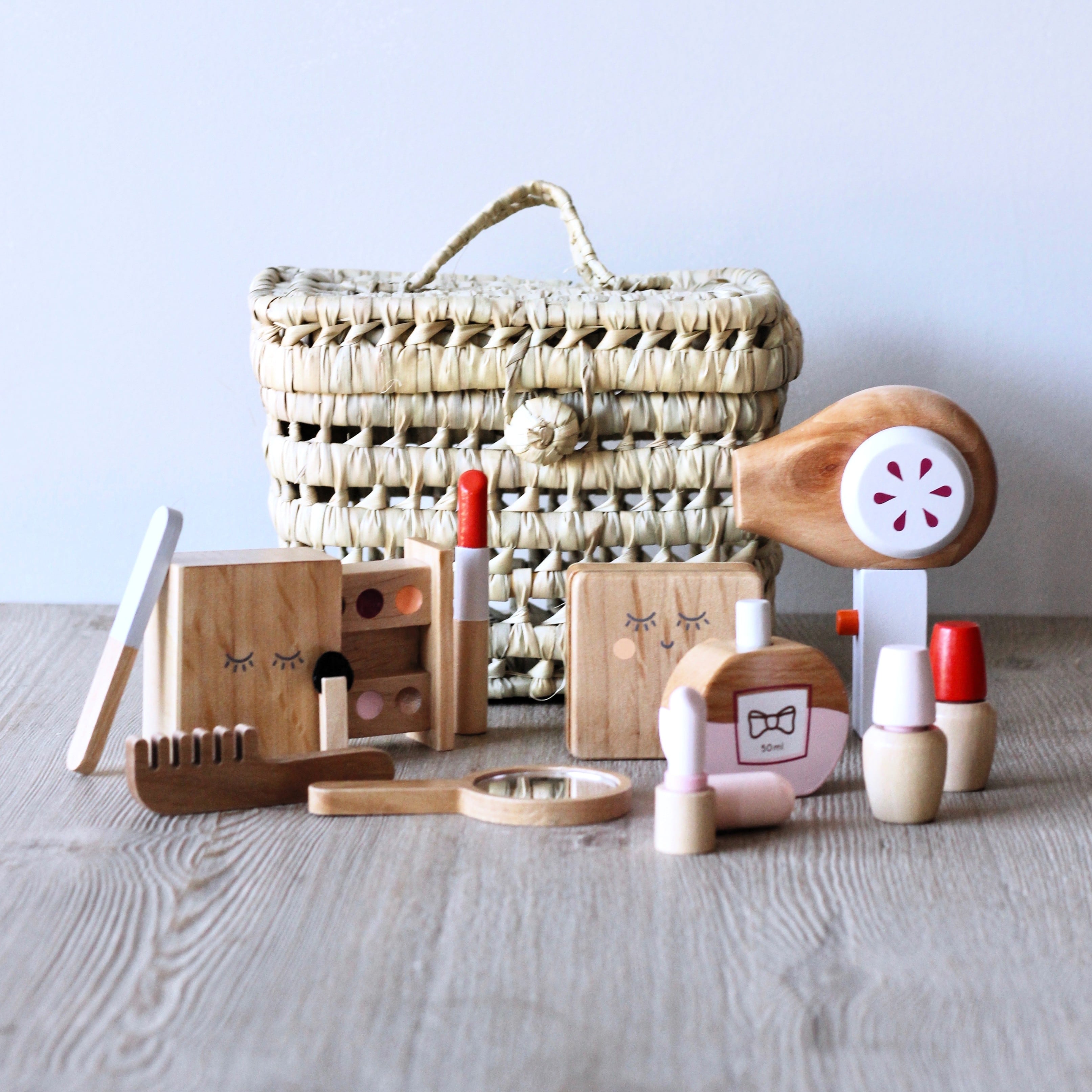 Wooden toy beauty kit for kids with mirror, lipstick, compact and perfume designed for pretend play, dress-ups and creative role-play activities