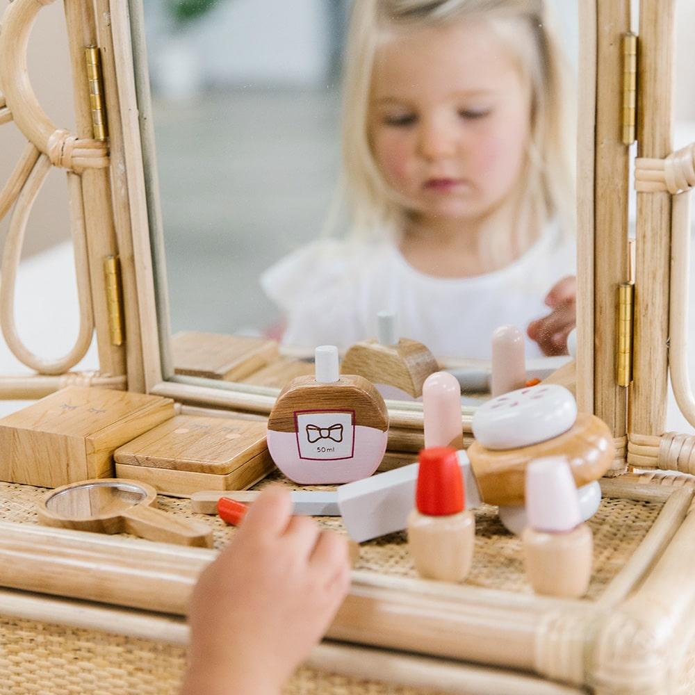 Make Me Iconic wooden toy beauty kit and wooden pretend make-up for kids with mirror, lipstick, compact and perfume designed for pretend play, dress-ups and creative role-play activities