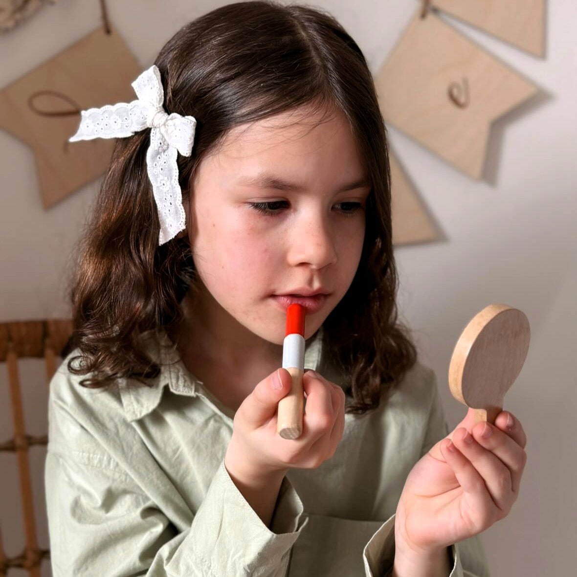 Wooden toy beauty kit for kids with mirror, lipstick, compact and perfume designed for pretend play, dress-ups and creative role-play activities