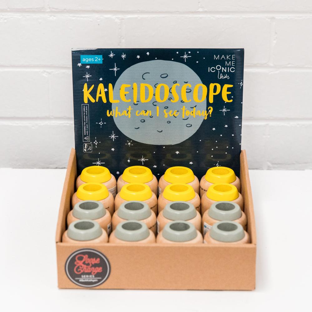 Make Me Iconic wooden kaleidoscope toy made from natural timber, designed for STEM learning, imaginative play, and visual discovery through light and reflection.