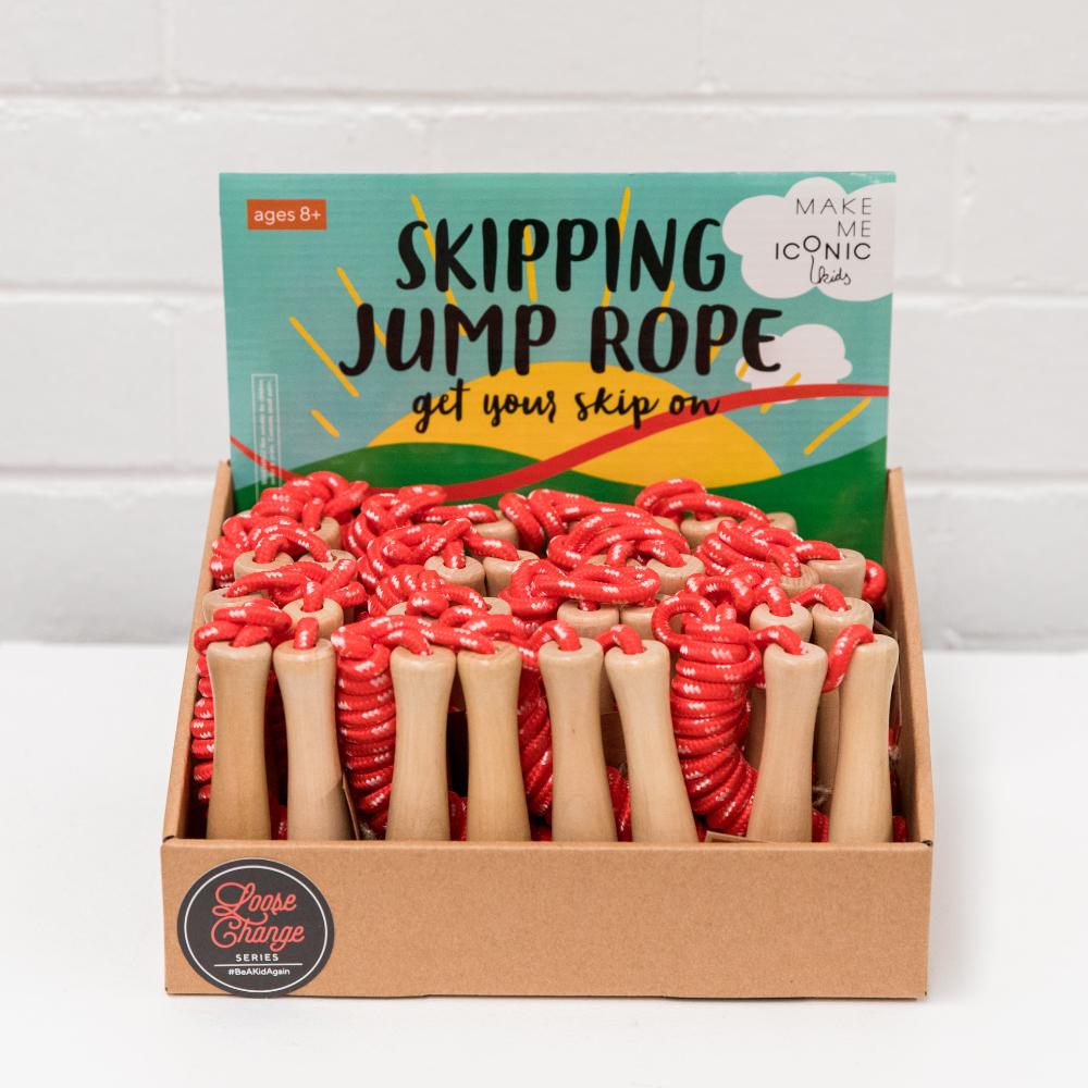 Make Me Iconic wooden skipping rope with smooth natural handles and red-coloured rope, designed for active play, coordination, and classic childhood fun.