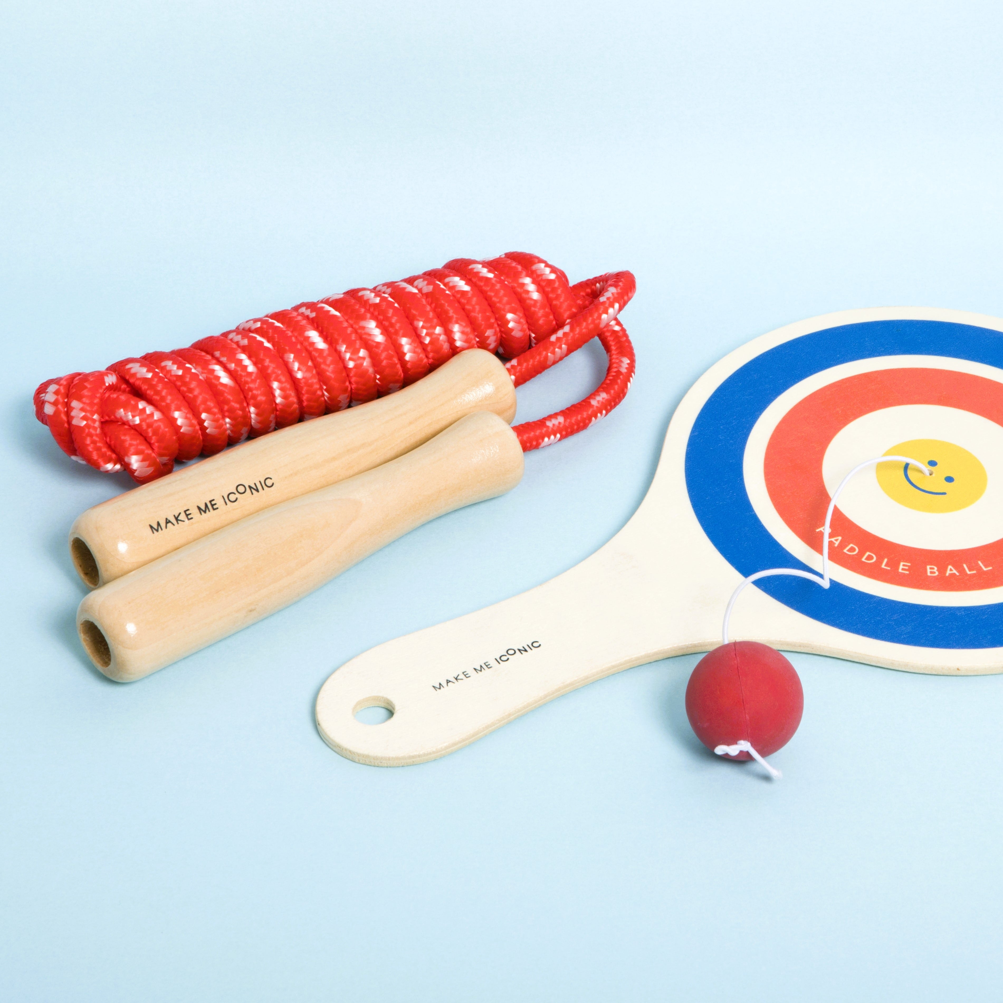 Wooden skipping rope with smooth natural handles and neutral-coloured rope, designed for active play, coordination, and classic childhood fun.