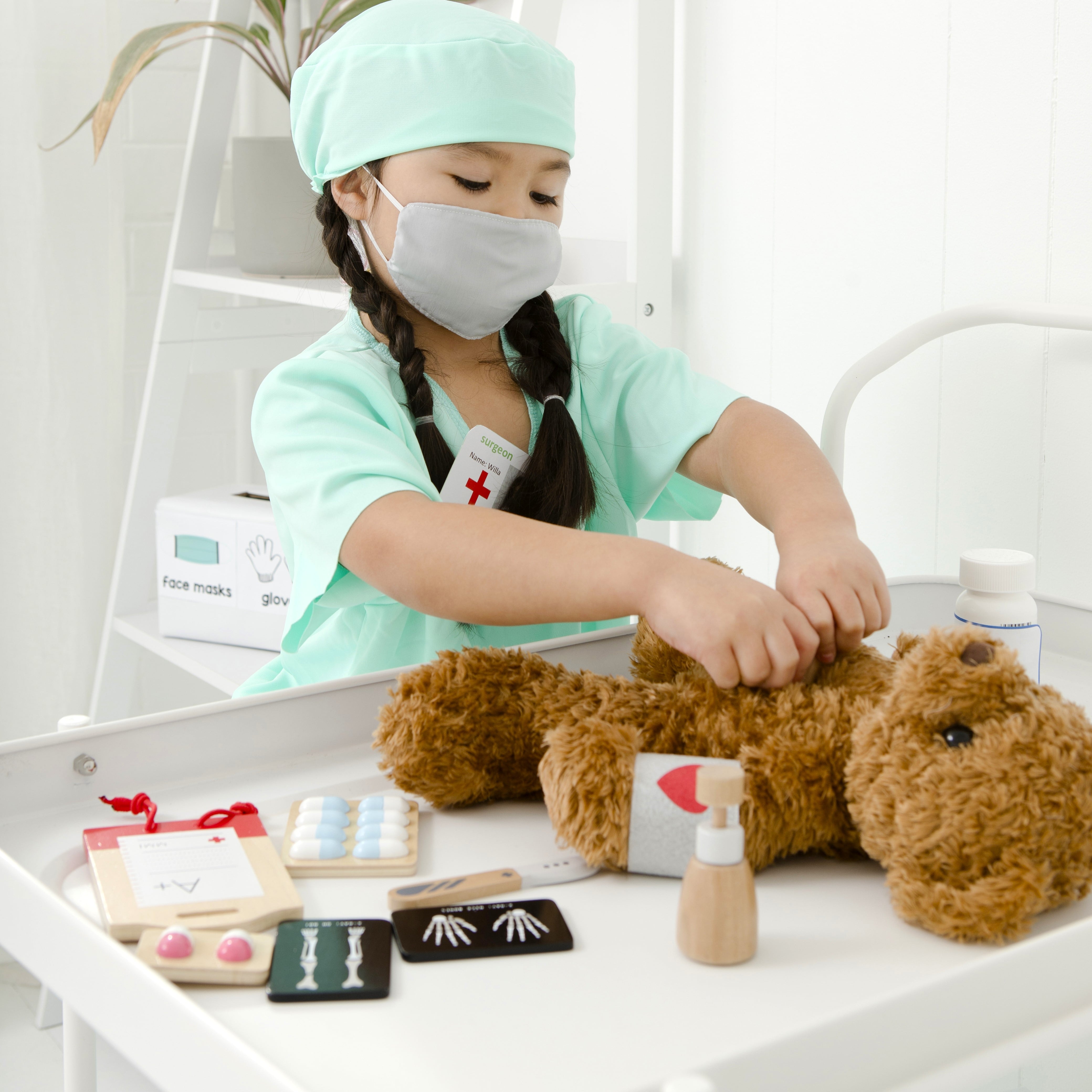 Wooden Toy Surgeon Kit with realistic medical instruments, designed to complement the Doctor’s Kit for advanced pretend play and role play fun.