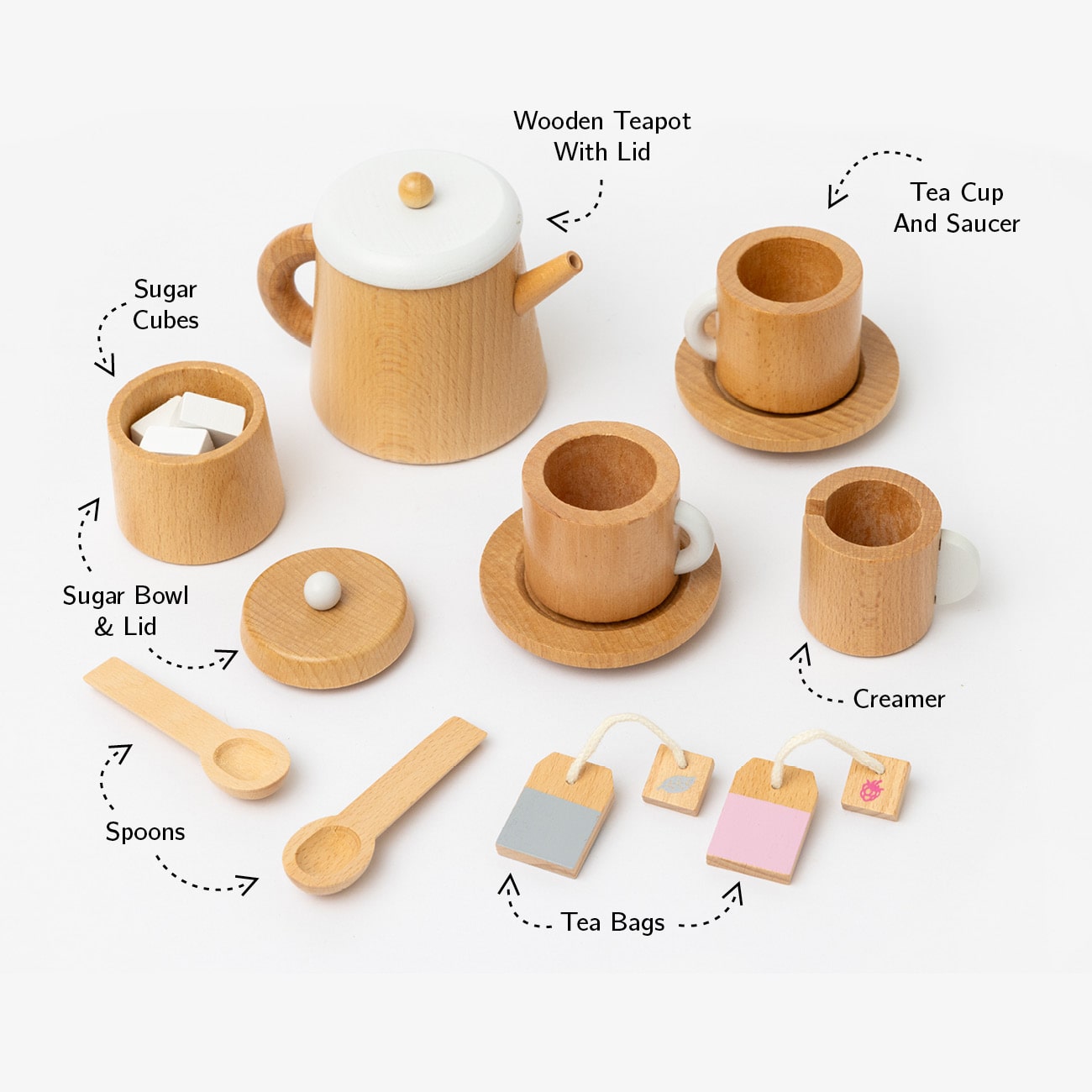 Wooden toy tea set for kids featuring teapot, cups, saucers, spoons, sugar bowl and milk jug, designed for pretend play, café role-play, and social learning activities.