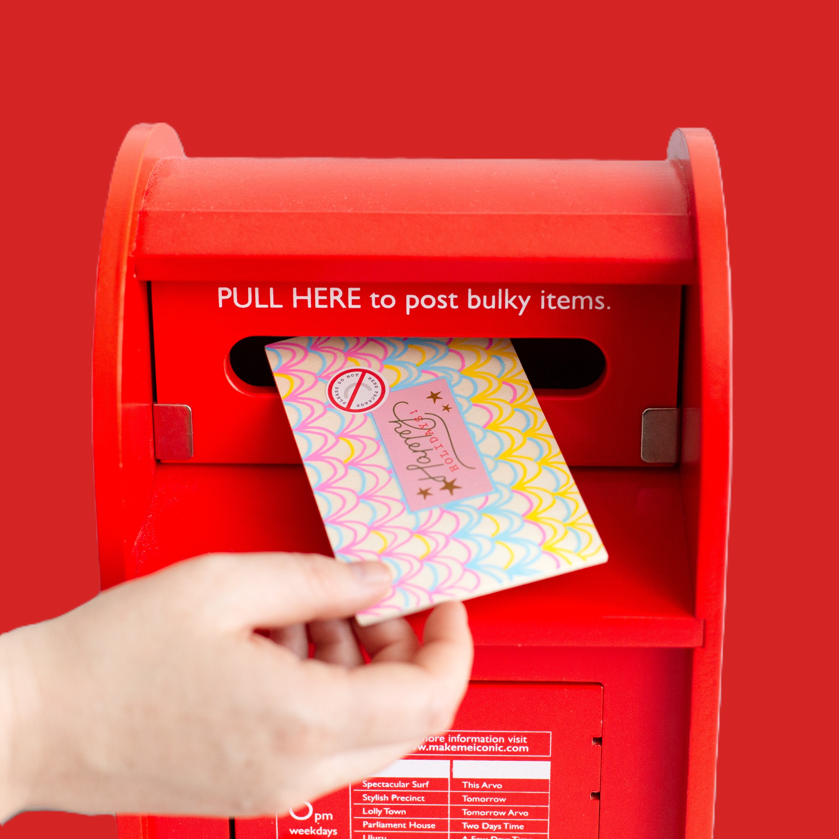 DIY Post Box Letters Craft Kit with colourful paper letters, stamps, and envelopes designed to pair with wooden toy Iconic Post Box for imaginative play.