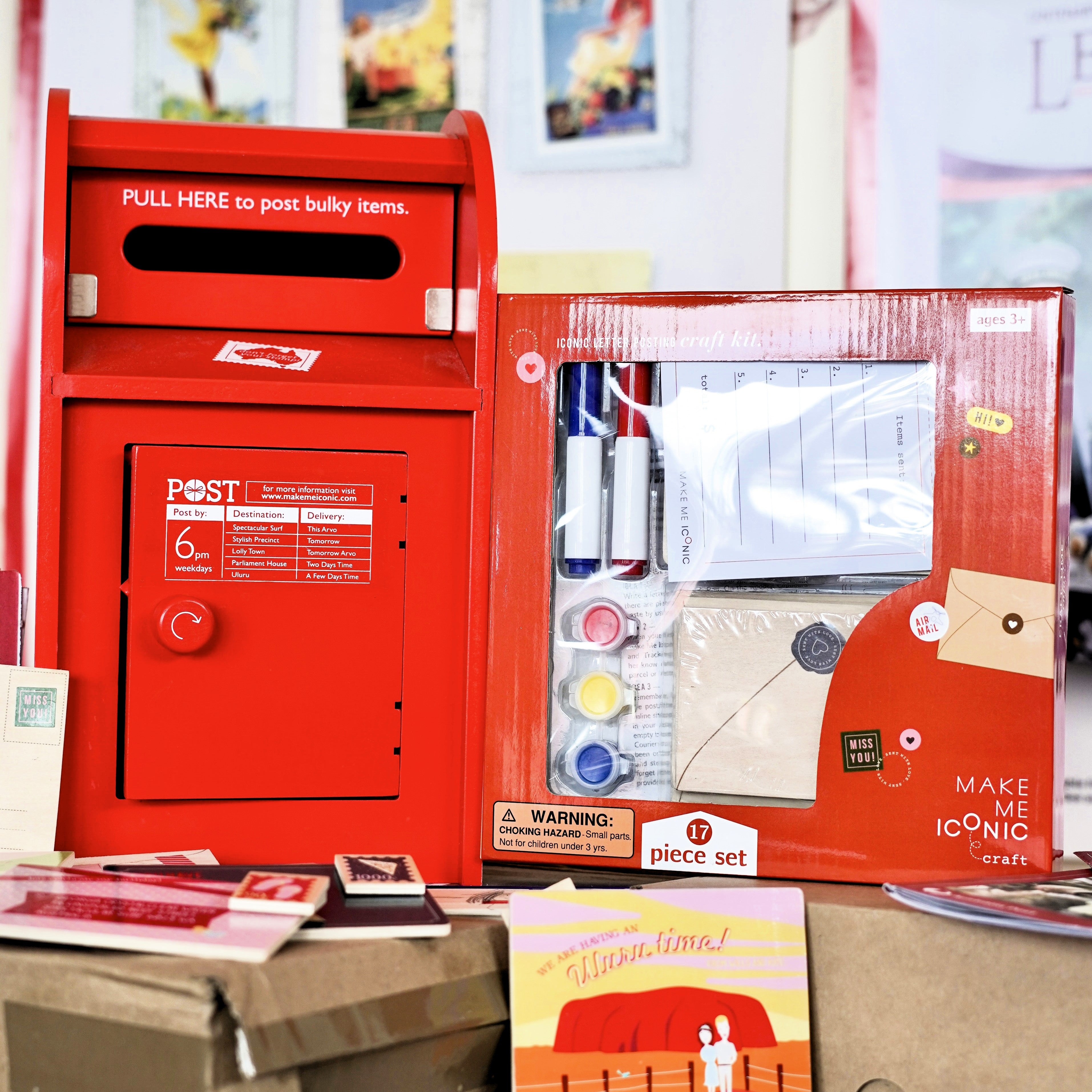 DIY Post Box Letters Craft Kit with colourful paper letters, stamps, and envelopes designed to pair with wooden toy Iconic Post Box for imaginative play.