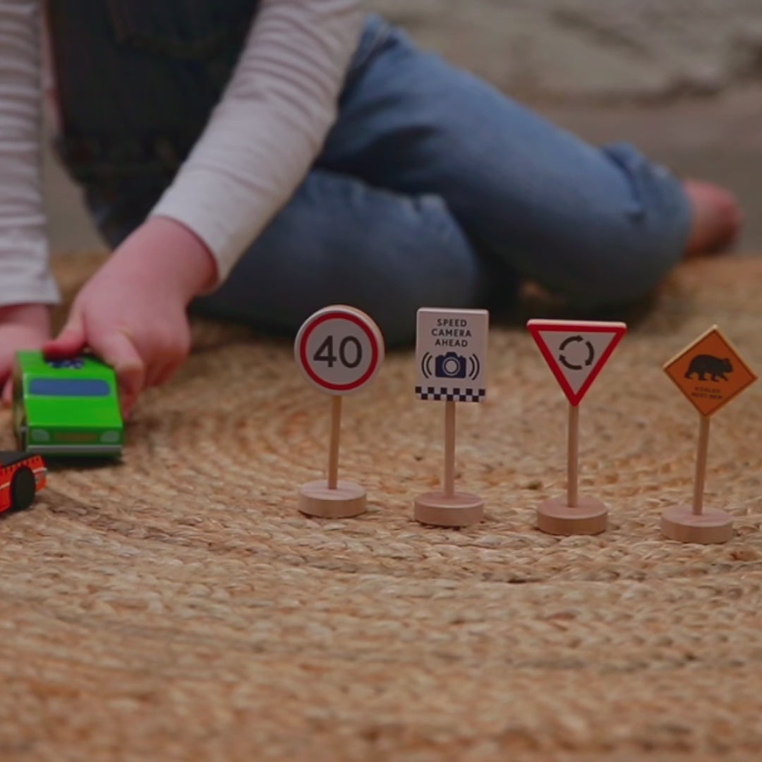 Make Me Iconic Australian wooden toy vehicle set featuring Sandman Panel Van, retro-orange Ute, Australian fire truck, Australian Police Car and Australia Post Truck for imaginative playy